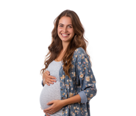 Pregnant Hispanic woman standing and smiling with hand on belly isolated on transparent background
