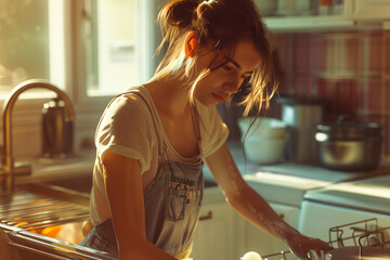 A charming girl engaged in dishwashing