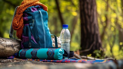 backpack and water bottle on the ground in the summer forest. 