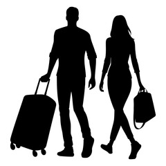Silhouette of a man and woman walking with travel suitcase and bag. Vector illustration