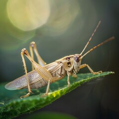 Fototapeta premium Grasshopper Perched on a Green Leaf