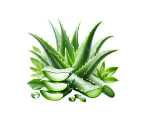 Fresh Aloe Vera slice with gel dripping isolated transparent background. top view flat lay herb skin care.