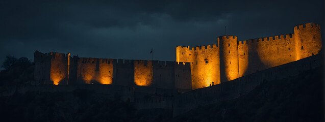 Foreboding silhouette of a medieval fortress, set against a backdrop of darkness, hinting at untold secrets within.