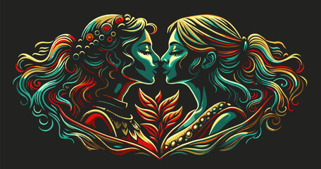 Artistic illustration showcasing two women in a moment of affection, symbolizing lesbian love