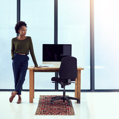 Black woman, thinking and consultant at office, designer and small business owner at desk. Female...