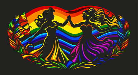 Vibrant illustration of two women in a loving embrace, set against a colorful rainbow backdrop, symbolizing lesbian pride and freedom in the lgbt community