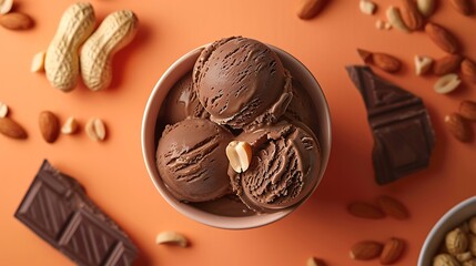 chocolate and peanut ice cream on orange table top view