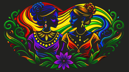 Vibrant illustration featuring two hindu women adorned in traditional clothing, sharing a moment of connection against a backdrop of intricate, psychedelic patterns and vivid colors