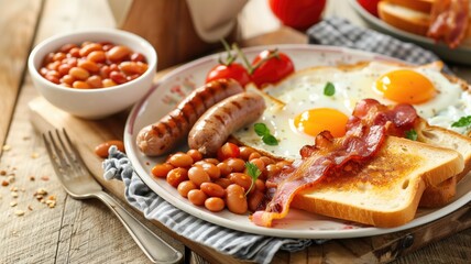 A hearty English breakfast with eggs, bacon, sausages, and beans.