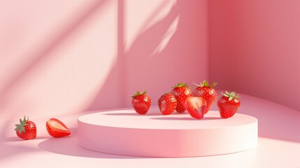 Pastel-colored podium with strawberries on top.