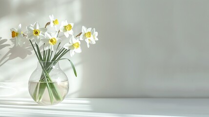 Narcissus flowers in a clear vase with soft shadows.