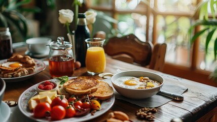 Cozy breakfast table with a variety of morning foods.
