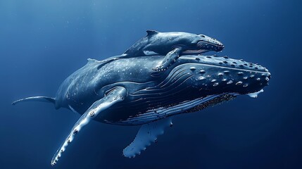 Close up of humpback whale calf swimming with its mother in the deep blue Pacific Ocean