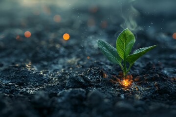 Young plant sprouting from dark soil with glowing sparks, symbolizing new life and hope
