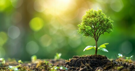 Lush miniature tree thriving on a mossy hillock, bathed in soft sunlight filtering through a vibrant green canopy