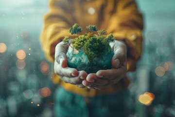 Miniature tree growing on a small globe held in hands, representing conservation and environmental responsibility