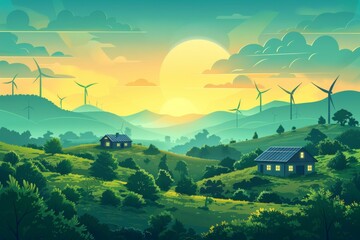 Serene landscape with wind turbines and solar panels at sunset, small houses dotting the lush green hills