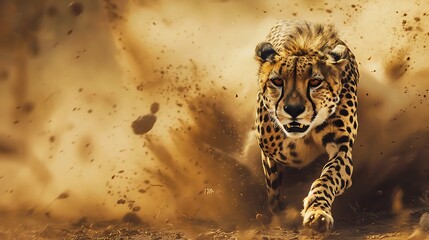 Closeup picture of a cheetah running verry fast and throwing up dust