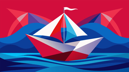 An intricately folded paper sailboat sailing in a sea of vibrant reds and blues representing the nations maritime history.. Vector illustration