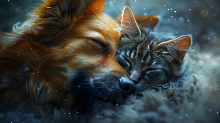 A dog and a cat sleeping hugging each other in a cozy and peaceful moment of love and friendship.
