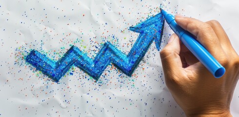 A hand-drawn blue graph with an arrow pointing up