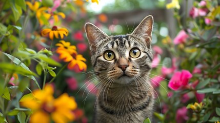 Cute tabby cat in garden looking at camera