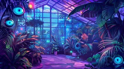 The image is a digital painting of a greenhouse