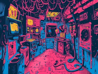 The image is a colorful and detailed illustration of a room filled with electronic equipment