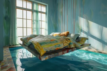 The bedroom is flooded with water and the bed is floating.