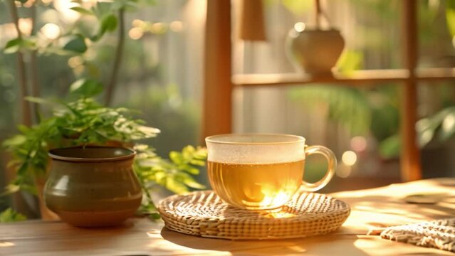 A bright morning tea set with greenery on a wooden tray for a healthy breakfast.