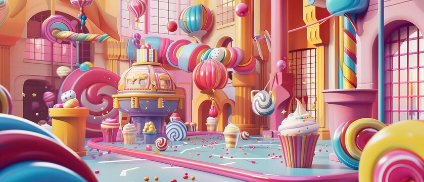 The image is a colorful and whimsical illustration of a candy factory