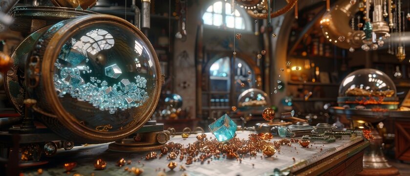 The image is a steampunk style inventor's workshop