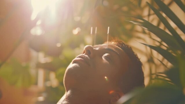 A tranquil young man is receiving acupuncture treatment in a spa. Treating disease with acupuncture using ancient wisdom to deeply relax and release stress.