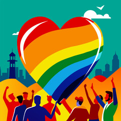 Illustrative representation of diverse lgbtq individuals united under a heart-shaped flag with pride colors, symbolizing love and unity amidst a cityscape backdrop at sunset