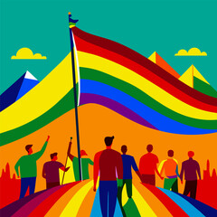 Group of people proudly march under a large, billowing rainbow flag, symbolizing lgbt solidarity and diversity during a pride parade against a backdrop of sunny skies and mountains