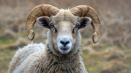 Fototapeta premium Front view of old ram looking at camera on farm