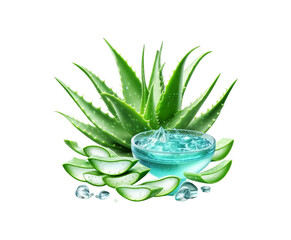 Fresh Aloe Vera slice with gel dripping isolated transparent background. top view flat lay herb skin care.