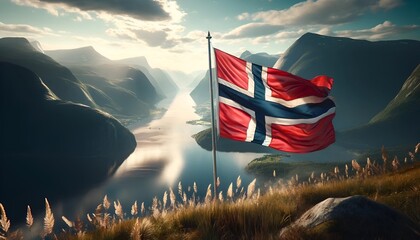 Realistic illustration for norway's constitution day with a serene norwegian fjord landscape. - obrazy, fototapety, plakaty