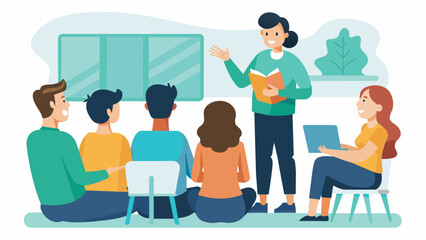 A school counselor facilitating a workshop on active listening skills for a group of teachers.. Vector illustration