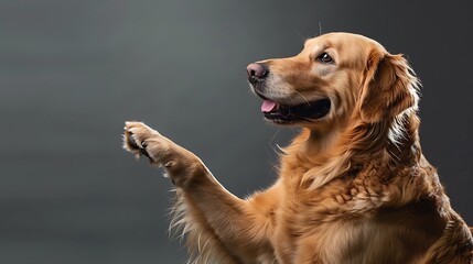 Golden retriever dog doing give paw trick on gray background