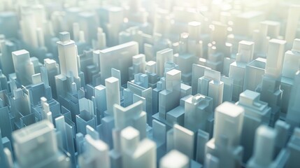 Obraz premium A cityscape with many tall buildings and a lot of white space. The buildings are all different shapes and sizes, and the sky is a bright blue