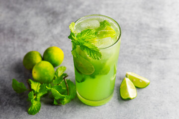 selective focus of Mint Mojito with grey background. 