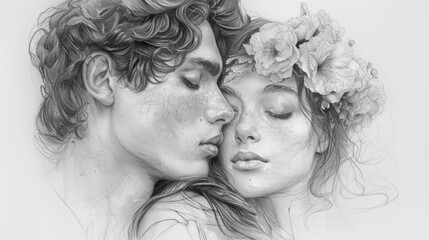 A drawing of a man and woman embracing each other. The man has a beard and the woman has a flower in her hair