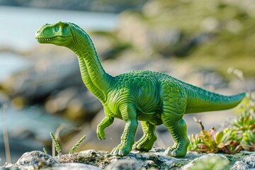 Dinosaur toy on the rock near the sea,  Selective focus