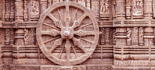 10 March, 2024, Sun Temple, Konark, Orissa India, Ruins of 800 year old temple dedicated to Sun. Designed as a chariot consisting of 24 wheels which are sundials to measure movement of sun and planets