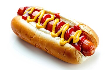 Tasty Hot Dog with Mustard and Ketchup Isolated on Clean White Surface.

