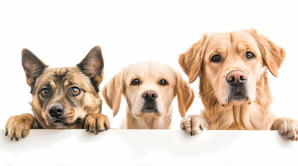 Three charming dogs peeking from behind blank boards, ideal for advertising with copyspace for messages or graphics