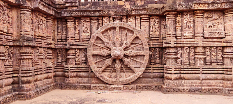 10 March, 2024, Sun Temple, Konark, Orissa India, Ruins of 800 year old temple dedicated to Sun. Designed as a chariot consisting of 24 wheels which are sundials to measure movement of sun and planets