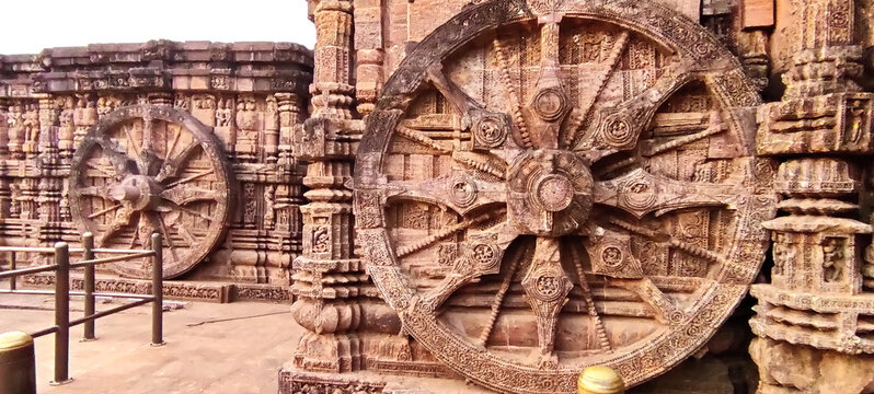 10 March, 2024, Sun Temple, Konark, Orissa India, Ruins of 800 year old temple dedicated to Sun. Designed as a chariot consisting of 24 wheels which are sundials to measure movement of sun and planets