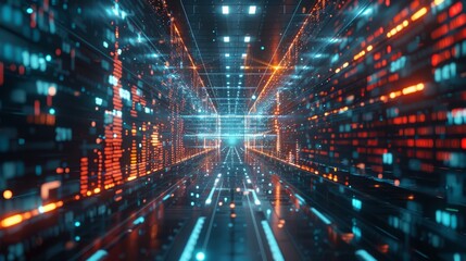 Naklejka premium A computer generated image of a futuristic tunnel with a blue and orange glow. The tunnel is filled with a multitude of glowing lights, creating a sense of depth and movement